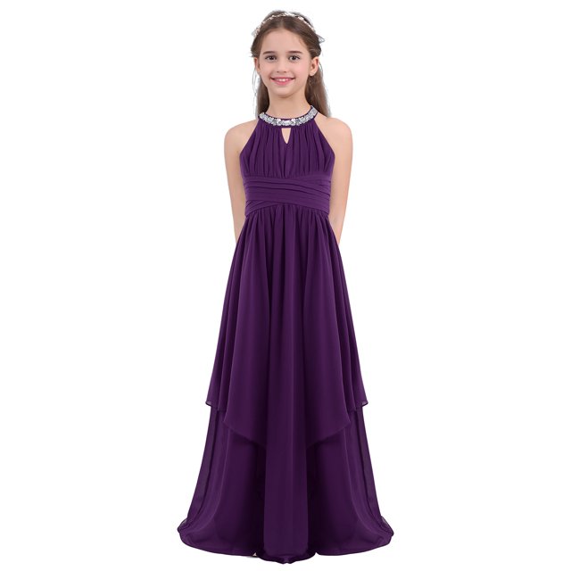 Oyolan Robe de Demoiselle d'Honneur pour Enfants Robe Longue en Chiffon pour Concours Soirée Danse Violette 16