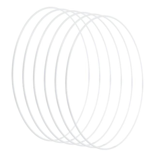 Unique Bargains 16 Inch Round Dream Catcher Rings, 6 pcs, crafted from white electroplated metal with a smooth finish. Perfect for DIY crafts such as macrame wreaths, floral arrangements, and dream catchers. Suitable for needlework hoops and cross-stitching projects. Includes six durable rings with a 2.8mm wire diameter.