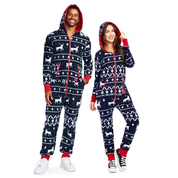 Tipsy Elves Blue Fair Isle Men's Pajamas Ugly Christmas Sweater Jumpsuit Navy Blue Large