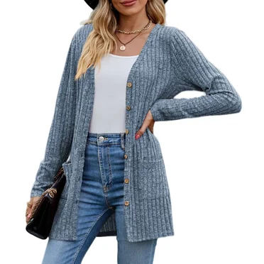 AELand Women's Long Sleeve Cardigan Sweater Lightweight Button Down Brushed Knit Tops with Pockets,S~2XL