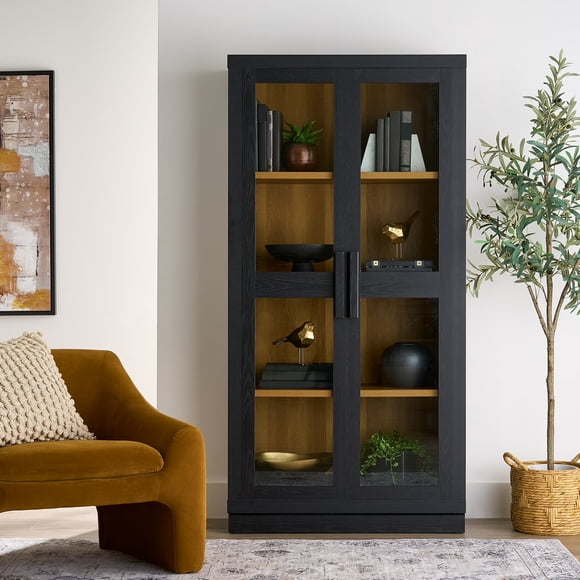 Better Homes & Gardens Ezra Glass Door Storage Accent Cabinet, Rich Black Finish