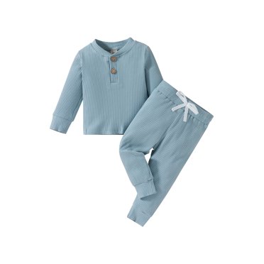 Xingqing Autumn Infant Kids Boys Clothes 2pcs Solid Long Sleeve Button Tops Pants Sleepwear Set Blue 18-24 Months