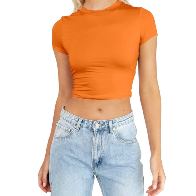 B91xZ Hauts Basiques d'Été pour Femmes T-shirt Imprimé Ample Manches Courtes Blouse Col Rond Hauts Décontractés, Orange TG