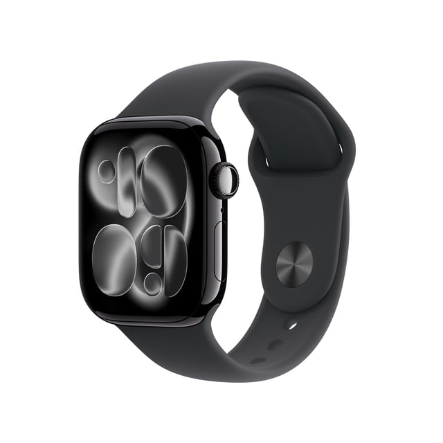 Apple Watch Series 11 GPS 42mm Jet Black Aluminium Case with Black Sport Band - M/L shown in a 3/4 profile view featuring its smooth jet black aluminum case and black sport band with pin-and-tuck closure, designed for wearable technology with health insights, sleep score tracking, and advanced workout metrics.