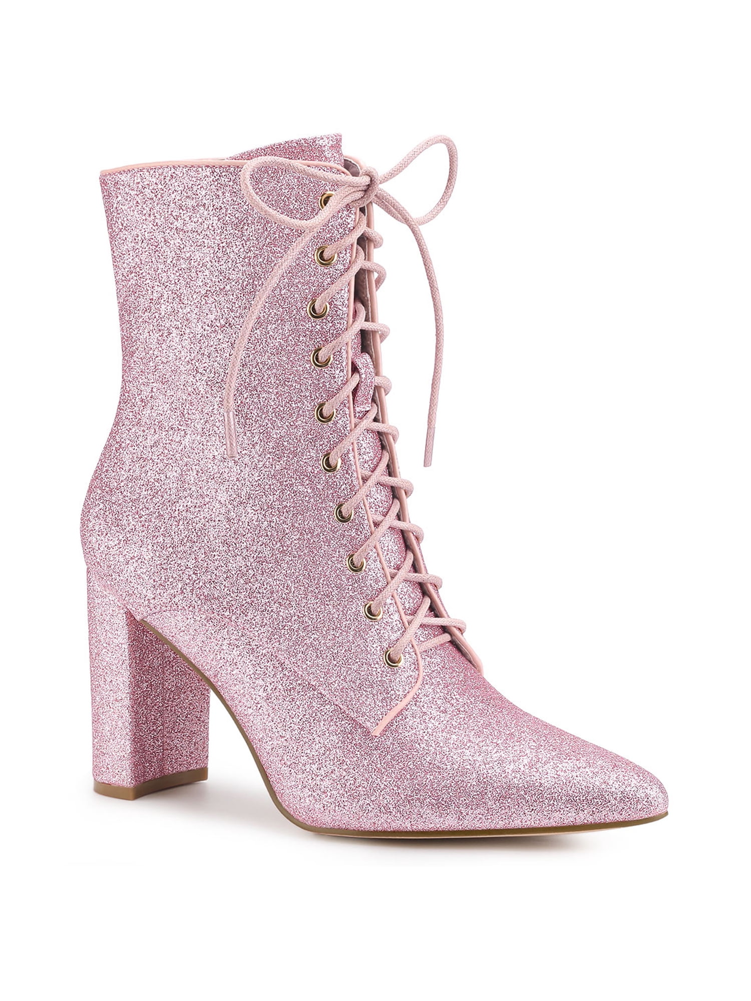 Unique Bargains Women's Pointy Toe Block Heel Glitter Ankle Boots
