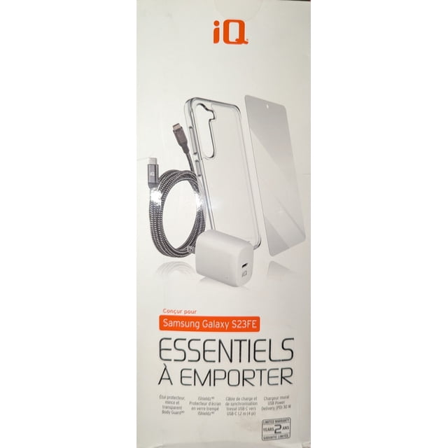 iQ Grab & Go Essential Kit for Samsung Galaxy S23FE, featuring a clear slim protective case, iSHIELDZ curved glass screen protector, MagSafe-compatible wireless charging pad, USB-C to USB-C braided charging cable, and 30W PD wall charger. Designed for seamless compatibility with the Samsung Galaxy S23FE, this premium accessory bundle ensures robust screen protection, efficient charging, and sleek device aesthetics.
