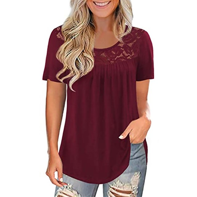 MRULIC T-Shirts pour Femmes Mode Dentelle Unie Col Rond Manches Courtes T-Shirt Blouse Hauts T-Shirts Femmes Rouge + 3TG