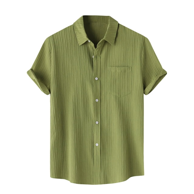 Men Casual Solid Turndown Short Sleeve Button Closure Shirt Hawaii Blouse