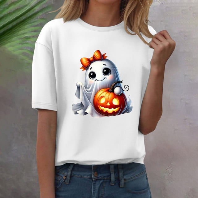 YLHFASHION T-shirt d'Halloween pour Femmes à Manches Courtes, Col Rond, Graphique, Hauts Imprimés Citrouille, Chandails Décontractés d'Automne 2025, Économies du Printemps, Liquidation, T-shirt à Manches Courtes pour Femmes