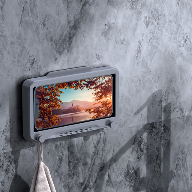 Shower Phone Holder Shower Phone Case Wall Hanging Cell Phone Case Rotated Cell Phone Case Wall Mount Phone Case Waterproof Cell Phone Case by Estink. A grey plastic waterproof phone case with a transparent PET cover, mounted on a marble wall. The case features a rotatable design and a hook for hanging items, suitable for use in showers or kitchens to watch videos or catch up on shows. Includes one rotated waterproof cell phone case.