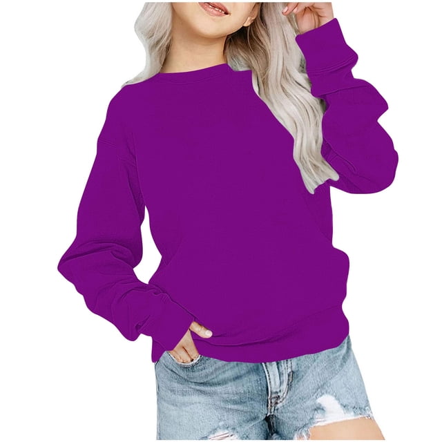 RXIRUCGD Chandail en Molleton Décontracté pour Petites et Grandes Filles, Couleur Unie, Col Rond, Manches Longues, Tunique Ajustée, Pulls Mode Automne, Chandail en Molleton Violet pour Filles Taille 1-2 Ans