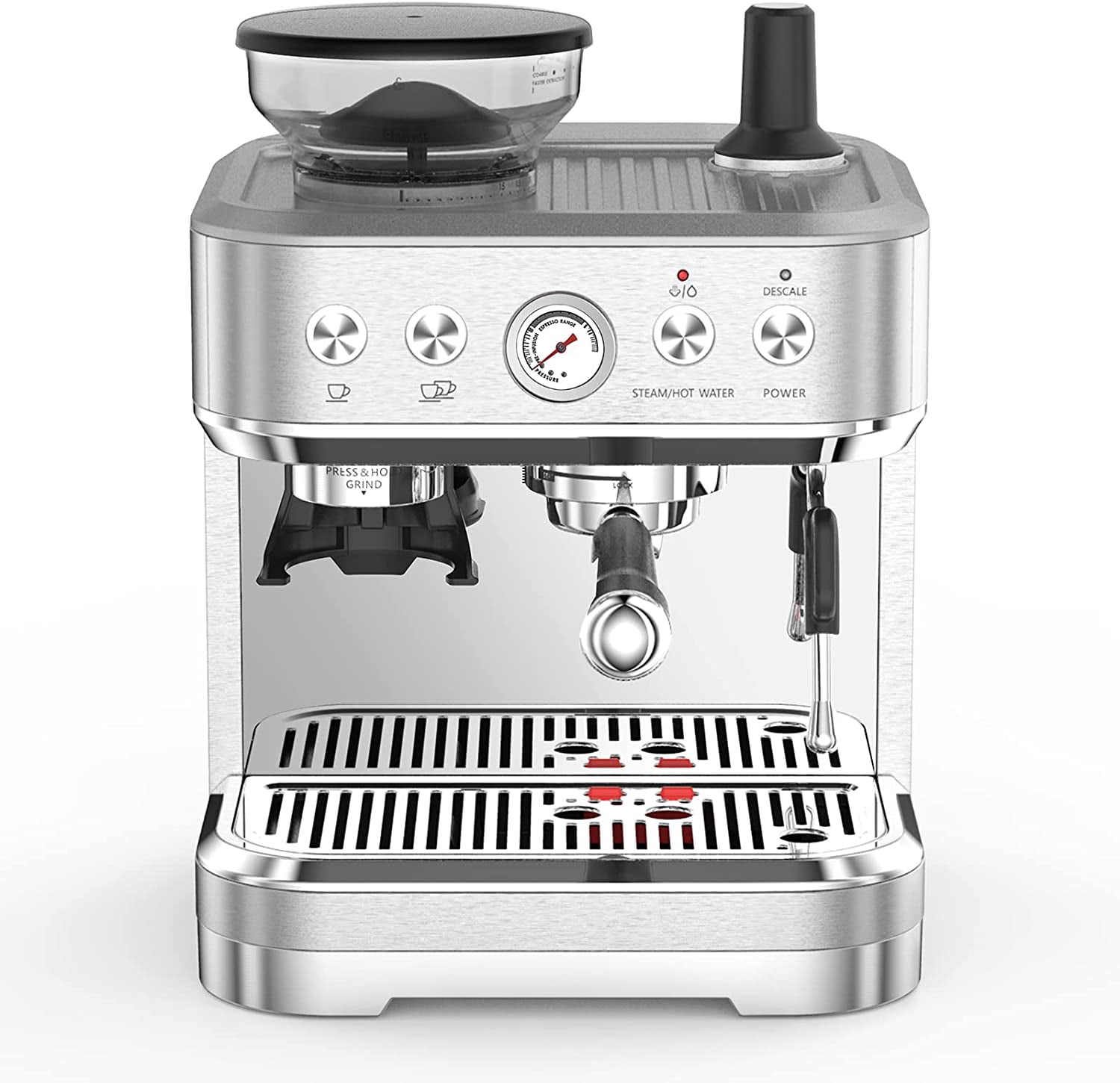 Stainless Steel Espresso Machine, 15 Adjustable Grind Settings, 15 Bar Pump, PID Temperature Control, 2.3L Removable Water Tank, Heating, Includes 58mm Sieve Handle,Tamper & 350ml Milk Jug