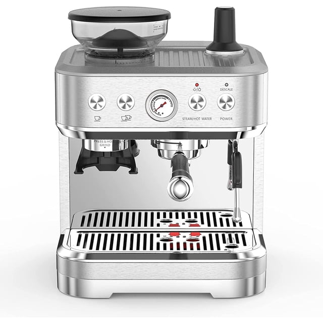 Machine à Espresso en Acier Inoxydable, 15 Réglages de Mouture Réglables, Pompe 15 Bars, Contrôle de Température PID, Réservoir d'Eau Amovible 2,3 L, Chauffage, Comprend Poignée Tamis 58 mm, Tasseur et Pichet à Lait 350 ml