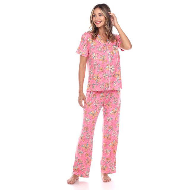 White Mark Women's Tropical Short Sleeve Button-Down Pajama Set