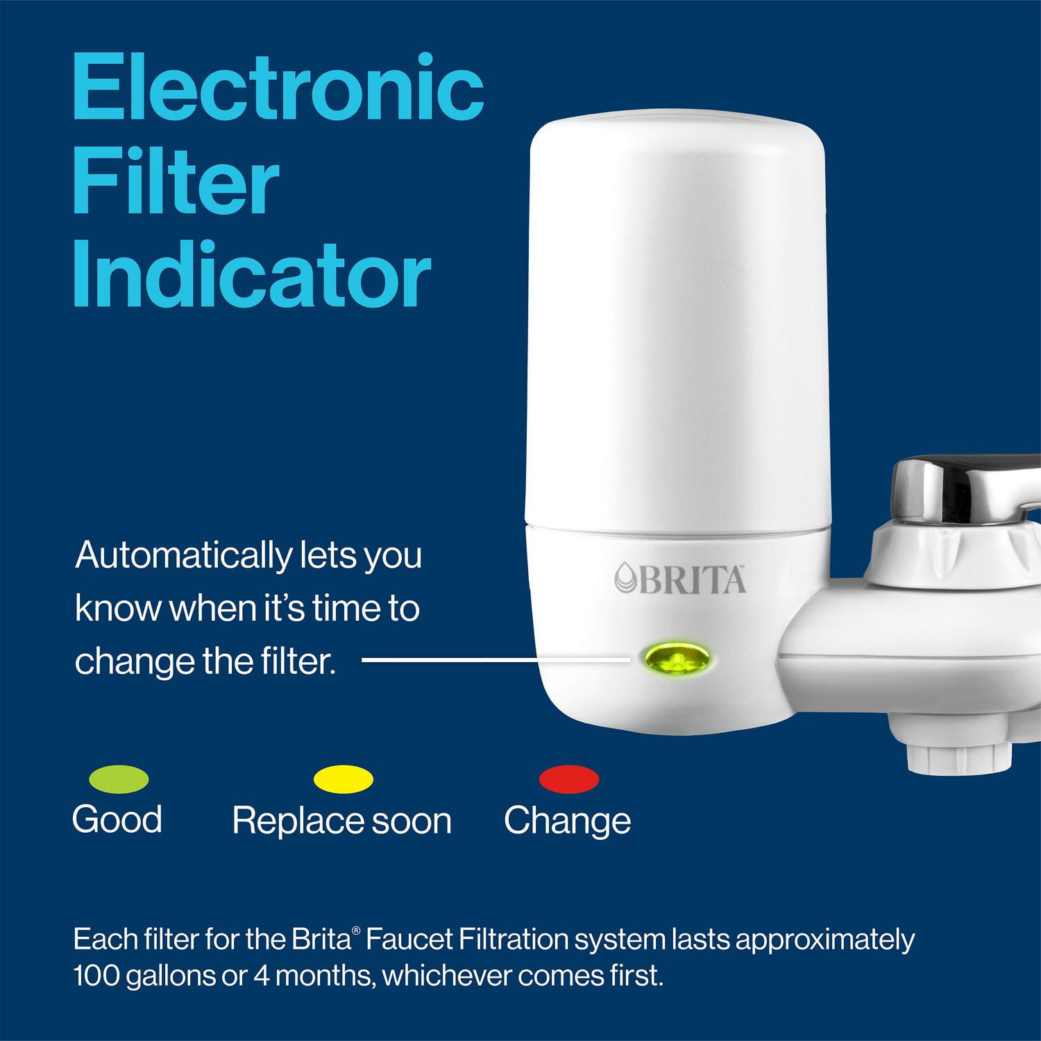 Système de filtration d’eau sur robinet Brita avec indicateur de changement de filtre, réduit la teneur en plomb, fabriqué sans BPA, compatible avec les robinets standards seulement, modèle de base bl
