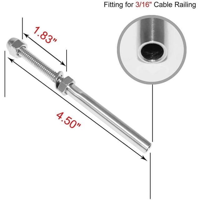 20Pack Threaded Terminal Stud Stainless T316 Marine Grade Stud End Fitting Terminal for 3/16 Inch Cable Deck Railing Hand Swage
