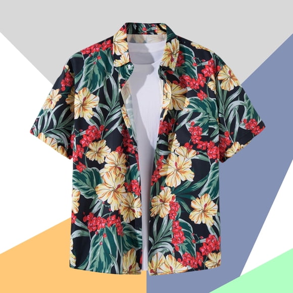 Jovati Hawaiian Shirt for Men, Short Sleeve Turndown Collar Floral Print Polyester Spandex Blend, Casual Summer Outdoor Wear