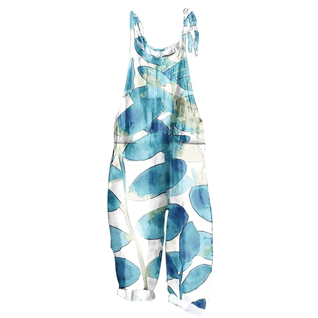 yoeyez Rompers for Women Plus Size,Womens Summer Printed Plus Size Romper Sleeveless Adjustable Straps Backless Jumpsuits With Pockets Blue,S