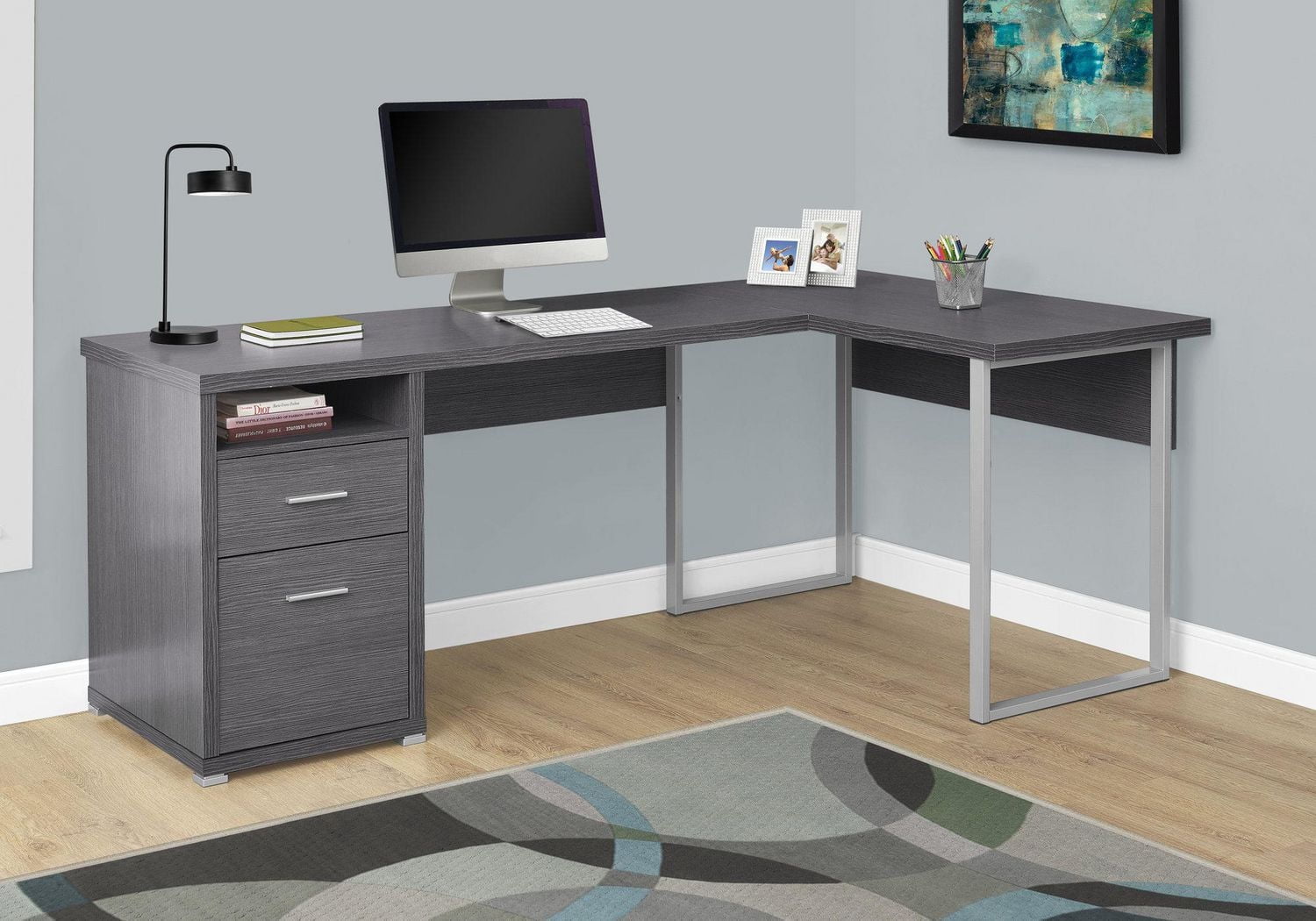Monarch Specialties Computer Desk, Home Office, Corner, Left, Right Set-up, Storage Drawers, 80"l, L Shape, Work, Laptop, Metal, Laminate, Grey, Contemporary, Modern
