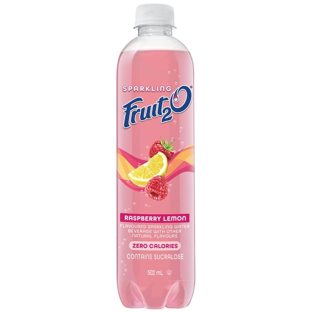 Fruit2O Sparkling Raspberry Lemon 502 mL clear plastic bottle containing pink sparkling water with natural raspberry and lemon flavor, zero calories, and sucralose sweetener, ideal for refreshing hydration without caffeine.