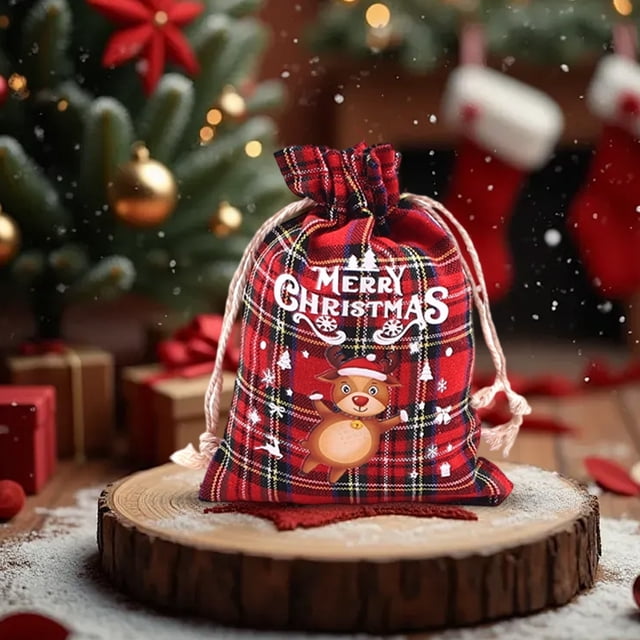 Red Plaid Cotton Drawstring Gift Bag - Reusable Treat Pouch for Cookies, Candy, and Holiday Party Favors