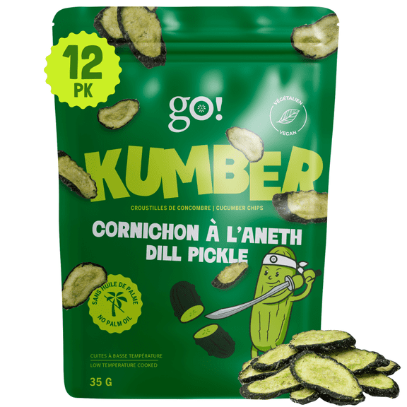 Lot de 12 Sacs – Go Kumber Croustilles de Concombre Croquantes, 12 x 35 g Sacs à Portion Individuelle, Véritable Collation de Concombre Tranchée, Saveur Audacieuse de Cornichon à l'Aneth, Alternative aux Croustilles de Légumes, Végane, Sans Huile de Palme