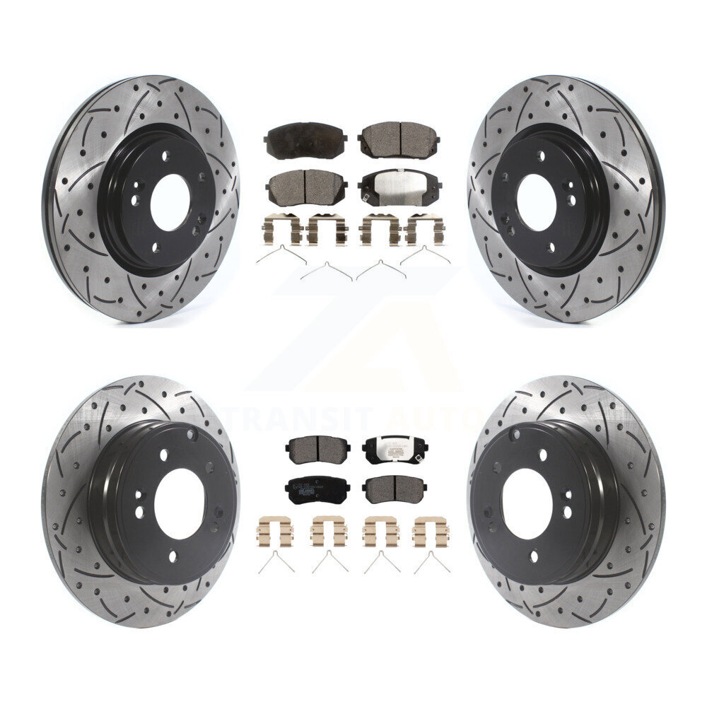 Transit Auto Front Rear Coated Drilled Slotted Disc Brake Rotors and Ceramic Pads Kit for Car Kia Optima with Manual Parking KDT-100896