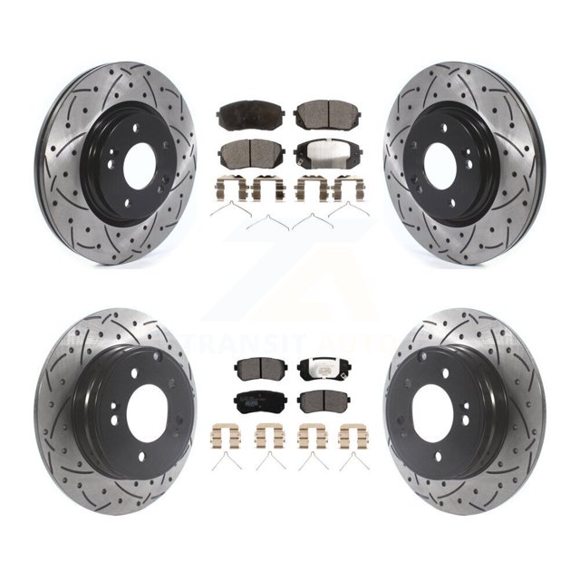 Transit Auto Front Rear Coated Drilled Slotted Disc Brake Rotors and Ceramic Pads Kit for Car Kia Optima with Manual Parking KDT-100896