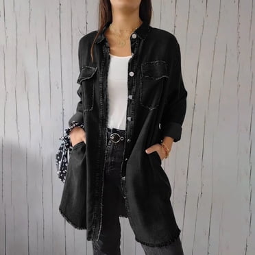 CFLVAEK Vestes en Jean Longues Grande Taille pour Femmes avec Poches Décontractées à Revers Boutonnées Veste en Denim Coupe Ample Manches Longues Manteaux d'Automne 2025 Noir G