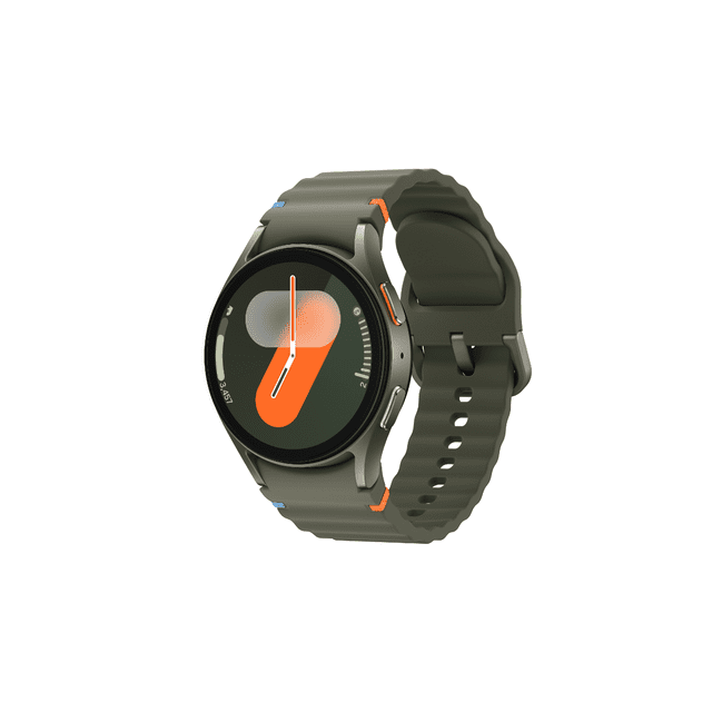 Samsung Galaxy Watch7 40mm LTE with a round digital display showing an abstract orange and white clock face, featuring a dark olive green silicone strap with textured ridges and orange stitching accents, GPS enabled smartwatch designed for health and wellness tracking, shown at a 3/4 angle on a white background.