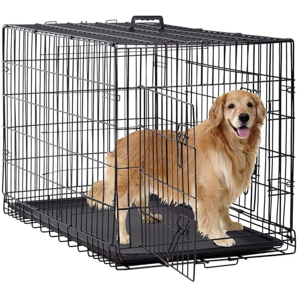BestPet 48 Inch Large Dog Crate Dog Cage Kennel Metal Wire Double-Door Folding Pet Animal Pet Cage, Plastic Tray and Handle, Black