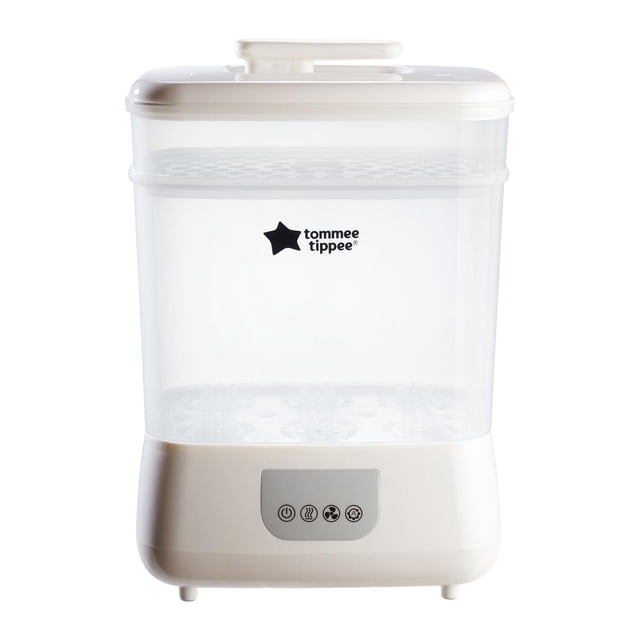 Tommee Tippee Steridryer Electric Steam Sterilizer and Dryer for Baby Bottles and Accessories in white, featuring a clear rectangular chamber with the Tommee Tippee star logo and a white base with four control buttons for power, sterilize, dry, and combined cycles, designed to sterilize and dry up to six bottles using natural steam.