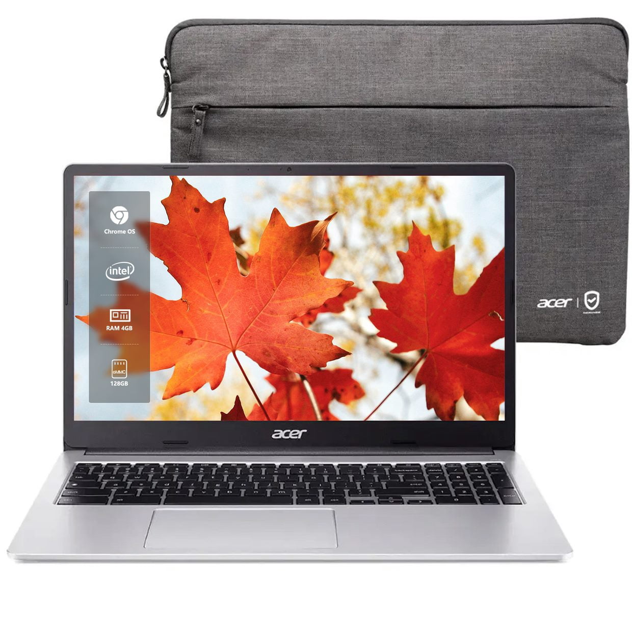 Acer Chromebook 315, 15.6" HD Laptop in Silver, Powered by Intel Pentium N6000 4 Core, 4GBLPDDR4X, 128GB eMMC, Chrome OS, with Protective Sleeve