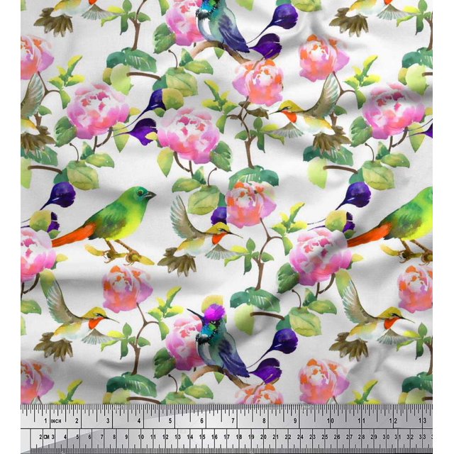 Soimoi polyester Crepe Fabric Leaves,Floral & Hummingbird Bird Printed Fabric 1 Yard 52 Inch Wide