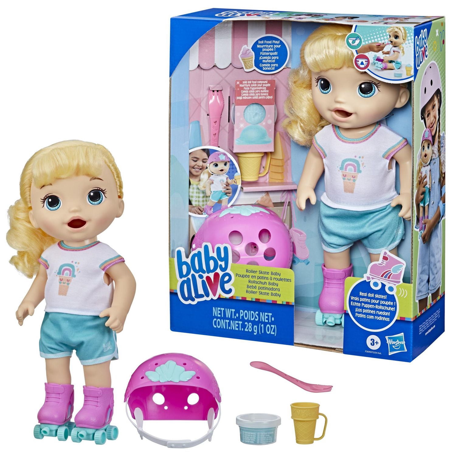 Baby Alive Poupée en patins à roulettes, 30 cm, pour enfants, dès 3 ans, mange et fait « caca », poupée avec patins à roulettes, cheveux blonds