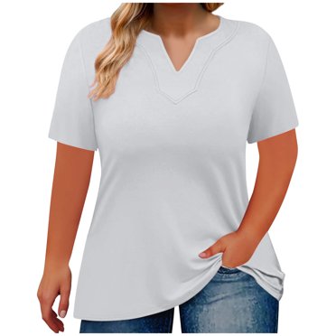 cfhntfmh T-Shirts à Col en V pour Femmes Grande Taille d'Été à Manches Courtes T-Shirts Décontractés Amples Tunique Unie T-Shirts Basiques Décontractés Mode 2025