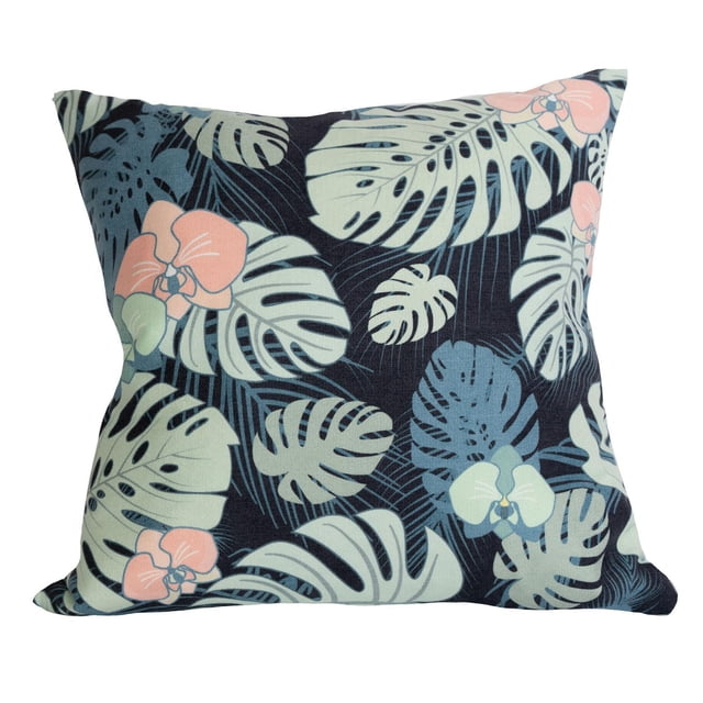 Gouchee Home Antigua Cushion 2 pack with square decorative throw pillows featuring a tropical digital print of muted green and blue palm leaves and soft pink orchid flowers on a dark background, made of polyester fabric, ideal for enhancing home décor.