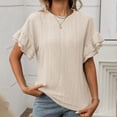 thumbnail image 4 of JIRNDf Hauts pour Femmes T-Shirts d'Été Tendance Couleur Unie Col Rond Manches Courtes à Volants Blouse pour Femmes Tunique Décontractée Beige TTG, 4 of 8