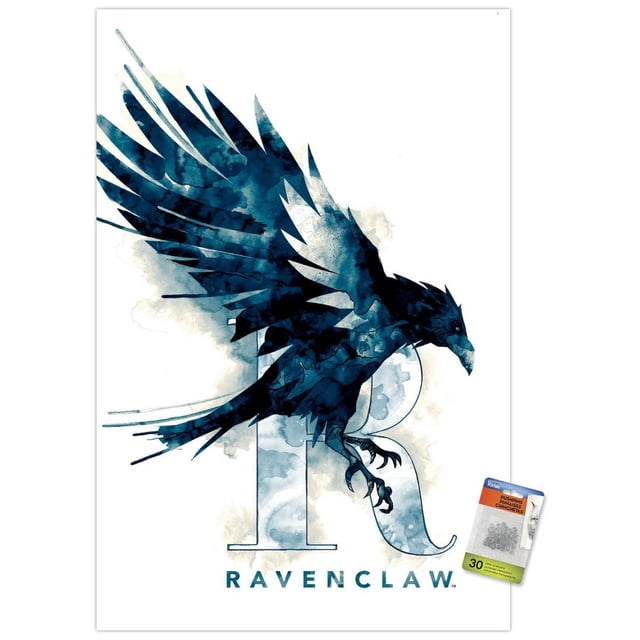 Le Monde des Sorciers : Harry Potter - Affiche Murale du Logo de la Maison Illustrée Serdaigle, 14,725 Po x 22,375 Po, Représente un Corbeau Aquarelle Bleu avec des Ailes Déployées sur une Lettre R Translucide à texture Nuageuse sur Fond Blanc, avec « Serdaigle » en Bleu en Dessous, Convient à la Décoration Murale de Chambre Ou de Dortoir.