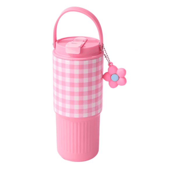 FTCBJJA 25 oz Acier Inoxydable Tumbler avec Couvercle 3-en-1 Étanche, Tasse à Café de Voyage avec Poignée Pivotante, Compatible avec Porte-Gobelet de Voiture, Pendentif Petal, Grille Rose