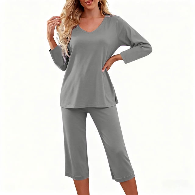 Ailaofu Ensembles de Pyjama Capri pour Femmes, Manches Courtes, Deux Pièces, Hauts à Col en V et Pantalons Capri