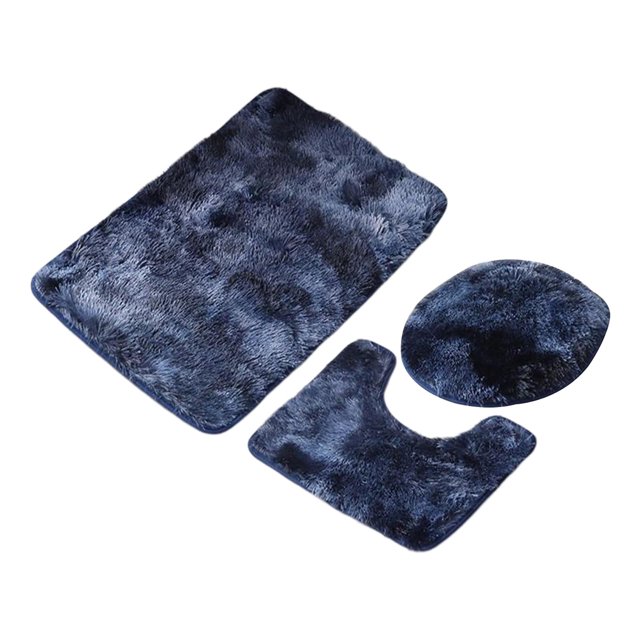 Shaggy Bath Mats Set 3 Piece with Toilet Lid Cover Washable U Shape Rug Non Slip Carpet Bathroom Rug Sets for Shower under The Sink Blue