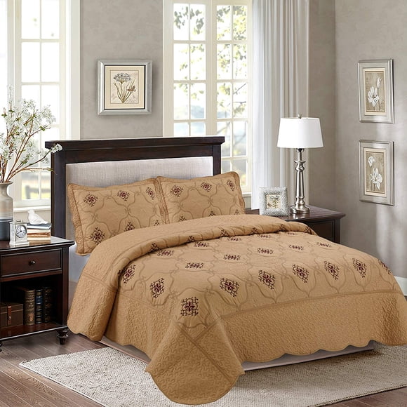 MarCielo 3-Piece Fully Quilted Embroidery Quilts Bedspreads Bed Coverlets Cover Set King Size Emma Gold(King Oversize, Gold)