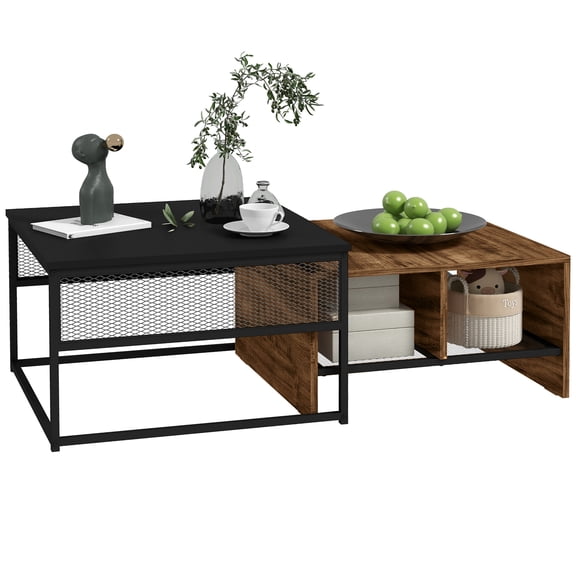 HOMCOM Tables Gigognes, Ensemble de 2 Tables Basses avec Étagères en Treillis de Rangement