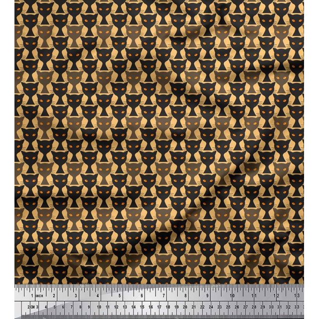 Soimoi Voile de Coton Orange Tissu Imprimé Chat Animal au Mètre 42 Pouces de Large