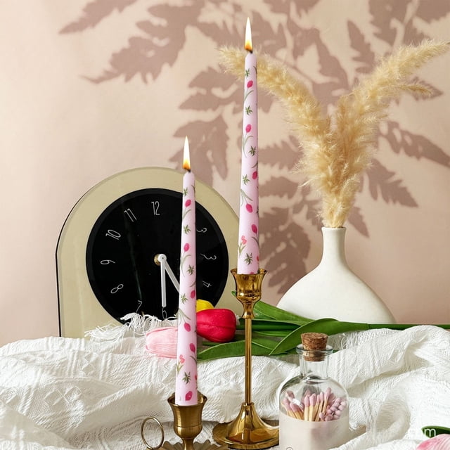 Floral Printed Long Taper Candles for Romantic Wedding, Unscented Candlelight Dinner Decor, Table Setting Accessories (2-Pack)