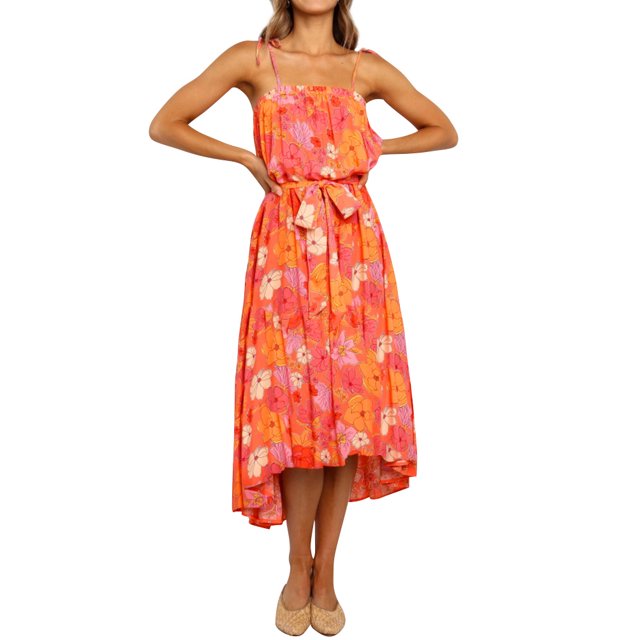 Robe Longue à Bretelles Spaghetti pour Femmes avec Nœud Floral et Ourlet Haut-Bas