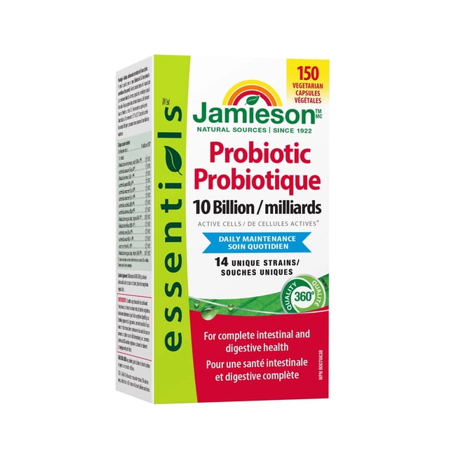 Jamieson Probiotic 10 Billion 150 Vegetarian Capsules packaging. The box highlights 14 unique strains for daily maintenance and digestive health. Features bilingual text in English and French, with a green and red design.