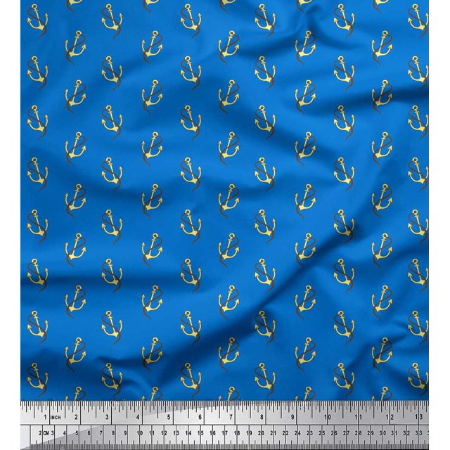 Soimoi Blue polyester Crepe Fabric Anchor Hook Nautical Printed Fabric 1 Yard 42 Inch Wide