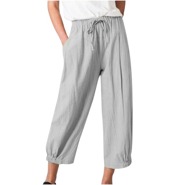 Capri Pants for Women Casual Solid Color Pockets Elastic Waist Drawstring Comfortable Wide Leg Straight Calf-Length Pants(Gray,M)